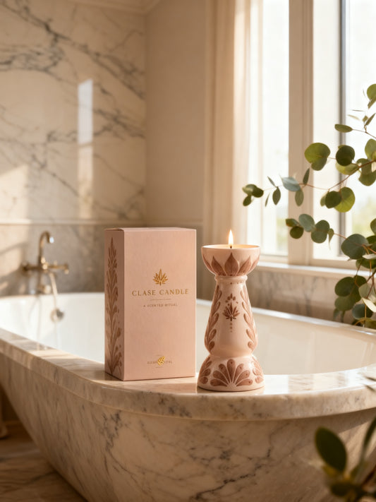 Rose Santal beside a stone bathtub